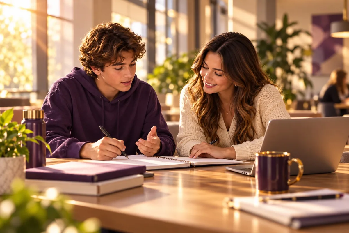 Tutor and teen learner working together in a neutral study setting.