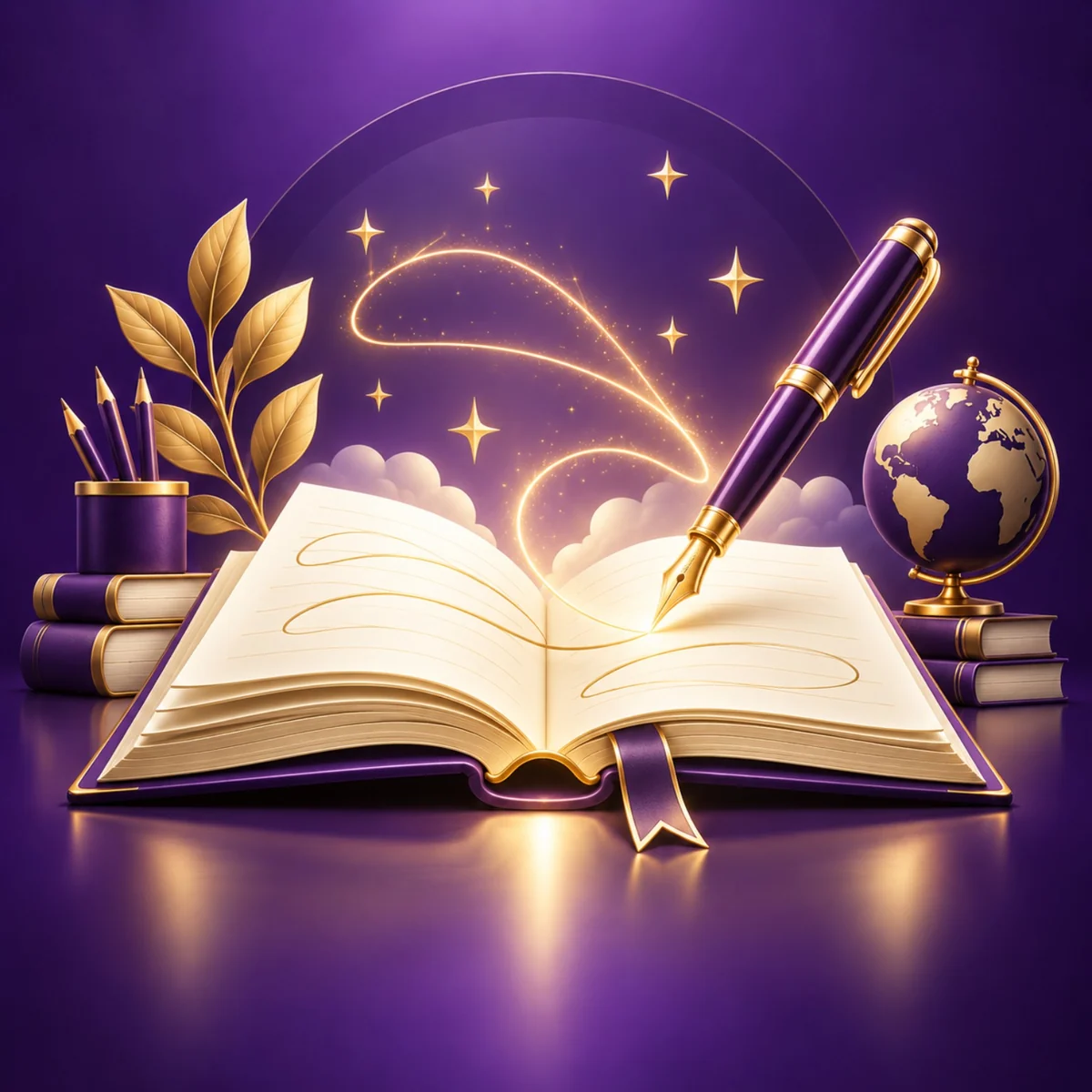 Illustration of learning, writing and global education symbols.